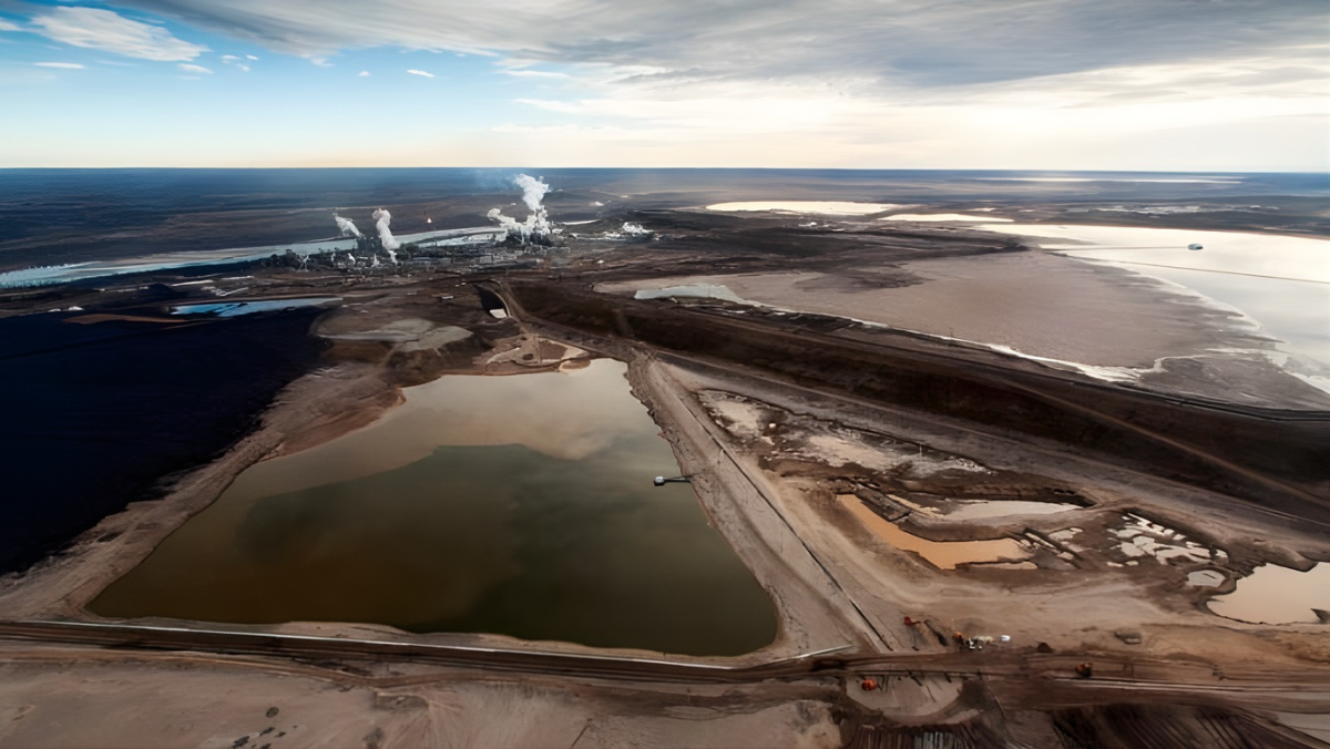 Aerial view of oil sands tailings ponds and water management infrastructure in Alberta
