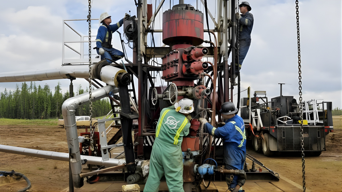 Workers maintaining oil sands drilling equipment during field operations