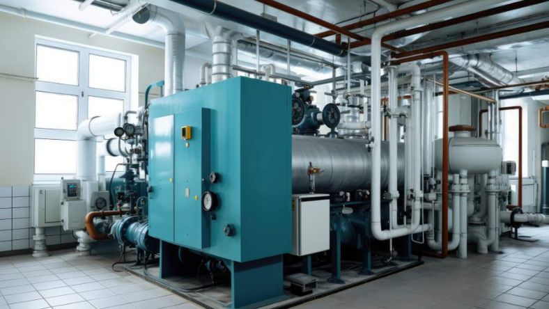 Industrial steam generation equipment with pipes and boilers inside an energy facility
