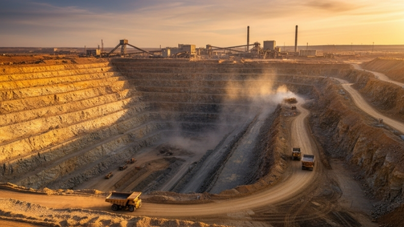 Open-pit oil sands mine with haul trucks operating along terraced excavation roads