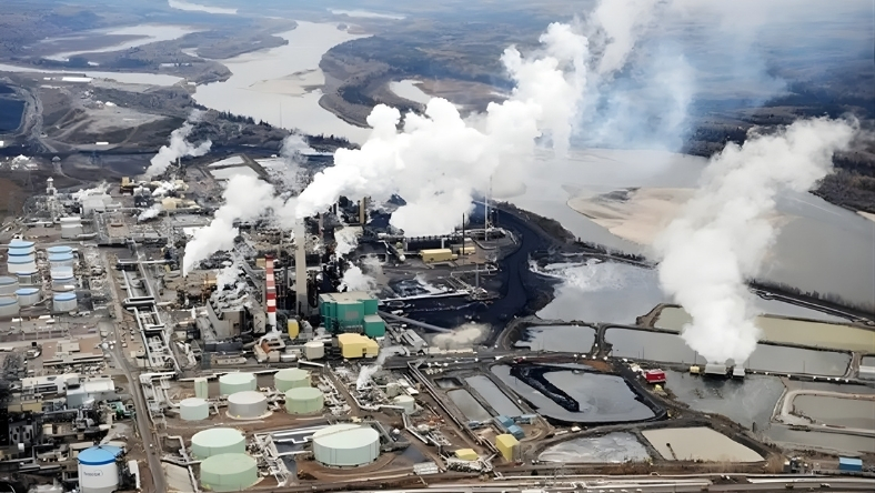 Oil sands facility with steam plumes and carbon-intensive processing units