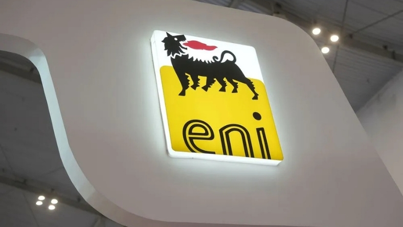 Eni logo with six-legged dog symbol on display